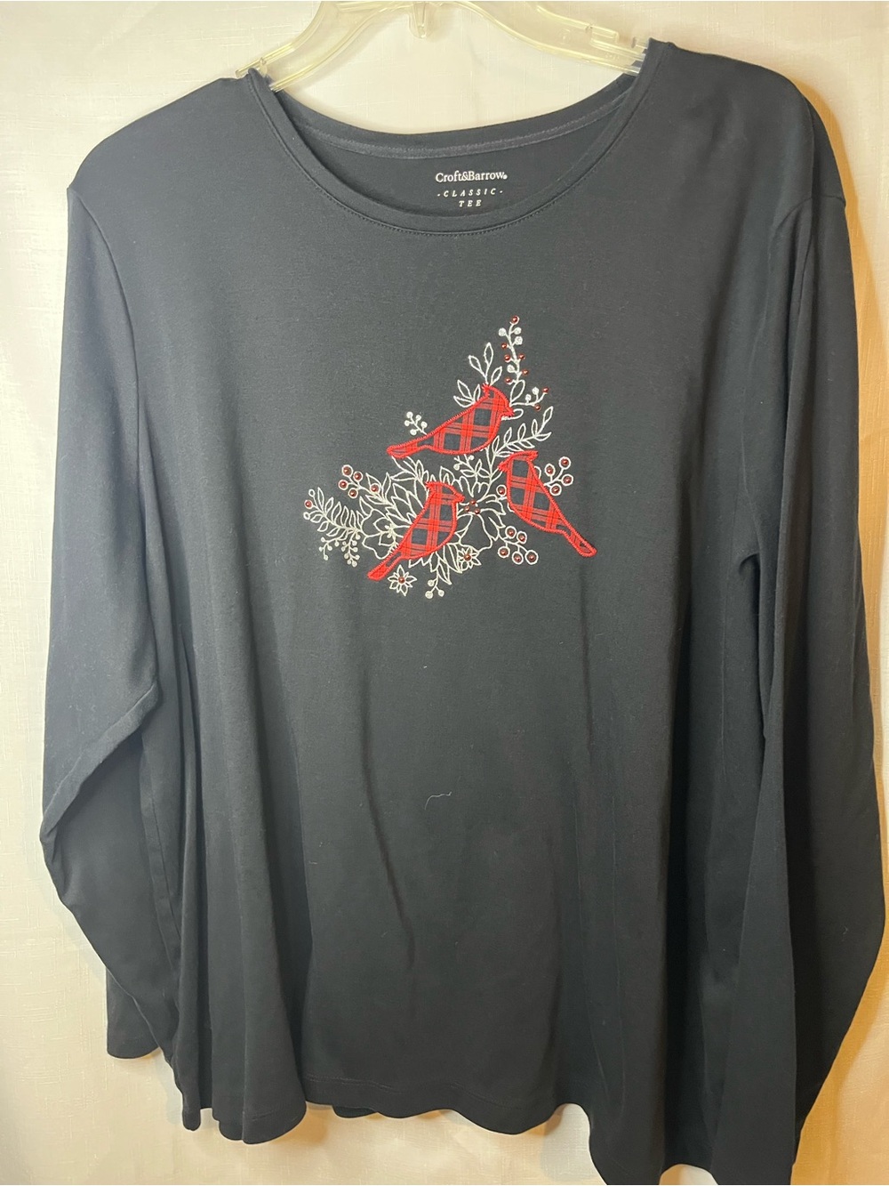 croft & barrow Black Long-Sleeve Tee with Red Plaid Bird Motif